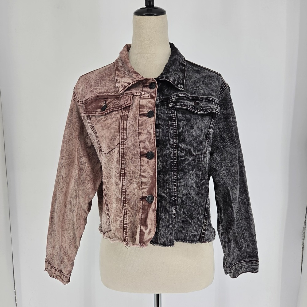 Womens 2 Tone Denim Jacket XL Grunge Y2K Biker Statement Rocker Retro Cropped
